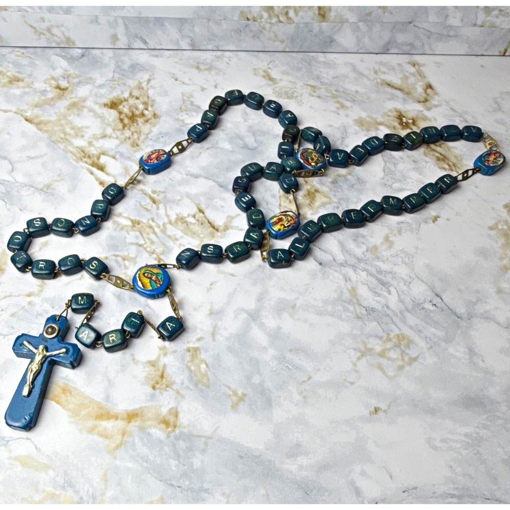 Blue Wood Bead Christian Rosary Necklace w/ Metal Crucifix Cross & Saint Medals